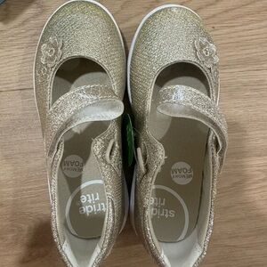 Stride Rite Gold Dress Shoes with Velcro Strap and Floral Detail